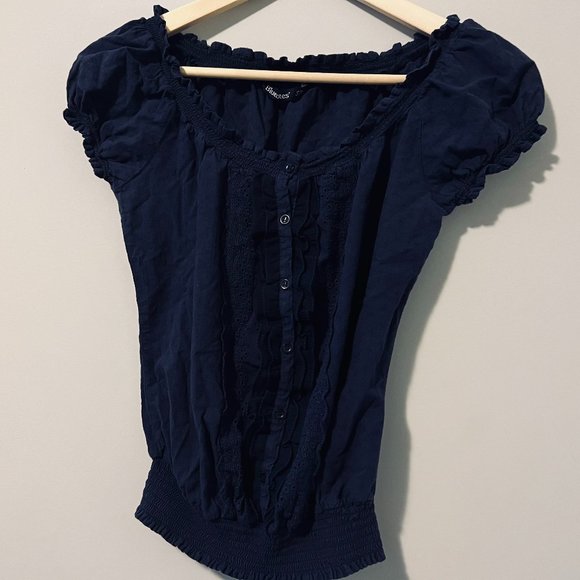 BLUENOTES Navy Blue Frill Trim Short Sleeve Shirred Embroidered Blouse - Picture 4 of 7